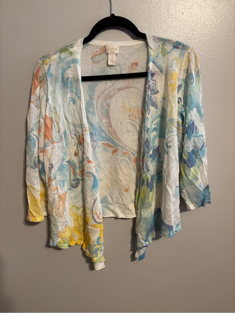 Chicos Pastel Floral Front Tie Open Cardigan Sweater Size 1